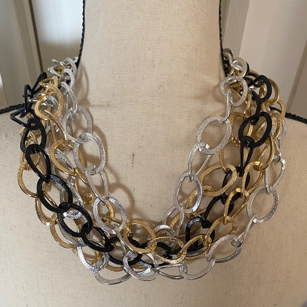Multi-Row Metallic Chain Statement Necklace - Black, Gold & Silver